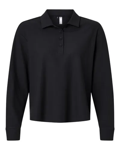 Adidas A1008 Women's Beyond Long Sleeve Loose Polo in Black — blank polo, front view