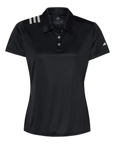 Adidas A325 Women's 3-Stripes Shoulder Polo in Black/ White — blank polo, front view