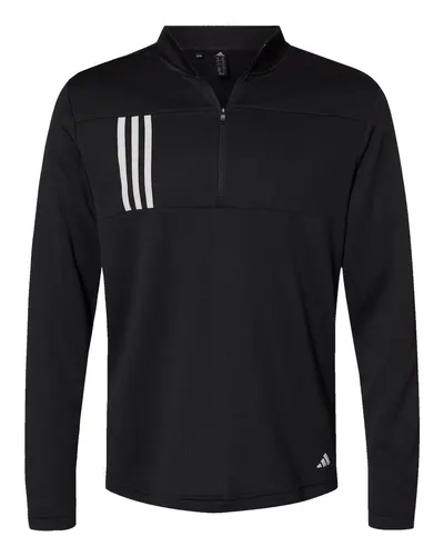 Adidas A482 Men's 3-Stripes Double-Knit Quarter-Zip Pullover in Black/ Grey Two — blank garment, front view