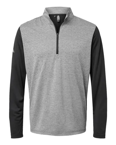 Adidas A522 Men's Ultimate365 Heather Block Print Quarter-Zip Pullover in Black Melange/ Black/ Grey Three — blank garment, front view