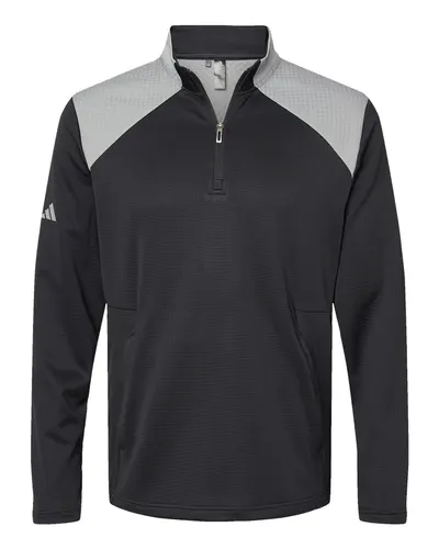 Adidas A532 Men's Textured Mixed Media Quarter-Zip Pullover in Black/ Grey Three — blank garment, front view