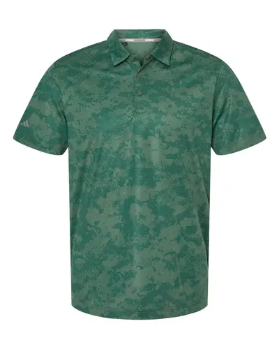 Adidas A550 Men's All Over Camo Print Polo in Green Oxide — blank polo, front view