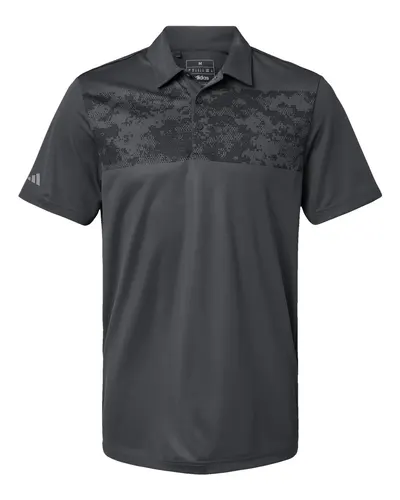 Adidas A585 Men's Camo Chest Print Polo in Grey Six — blank polo, front view