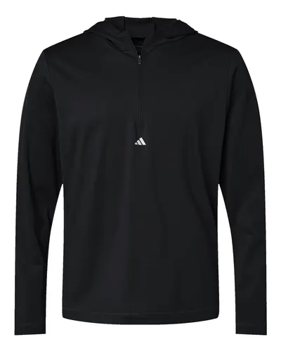 Adidas A596 Men's Lightweight Quarter-Zip Hooded Pullover in Black — blank hooded sweatshirt, front view