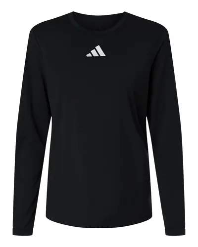 Adidas AT105 Women's Pregame Long Sleeve T-Shirt in Black/ White — blank long sleeve tee, front view