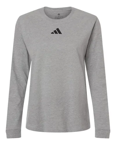 Adidas AT109 Women's Fresh Long Sleeve T-Shirt in Medium Grey Heather/ Black — blank long sleeve tee, front view