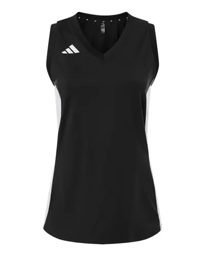 Adidas AT120 Women's Quickset V-Neck Sleeveless Jersey in Black/ White — blank tank top, front view