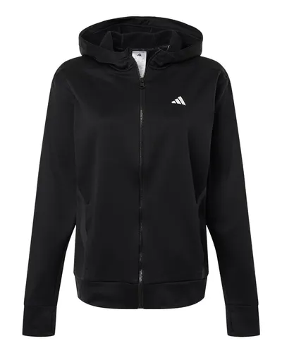 Adidas AT209 Women's Game & Go Fleece Full-Zip Hooded Sweatshirt in Black/ White — blank hooded sweatshirt, front view