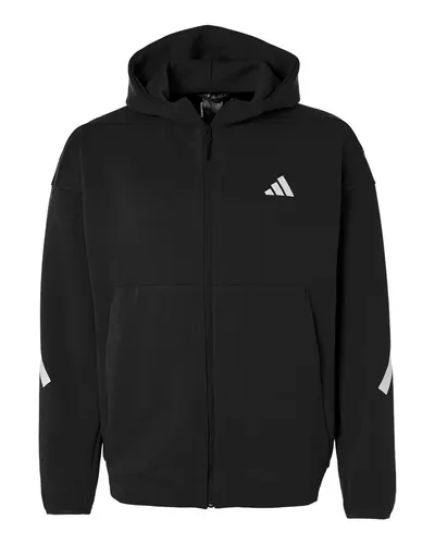 Adidas AT220 Men's Z.N.E Full-Zip Hooded Sweatshirt in Black/ White — blank hooded sweatshirt, front view