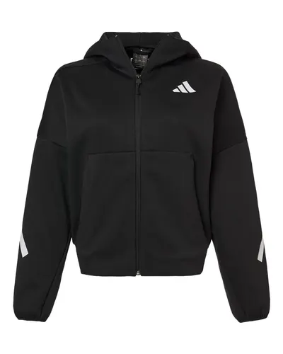 Adidas AT221 Women's Z.N.E Full-Zip Hooded Sweatshirt in Black/ White — blank hooded sweatshirt, front view