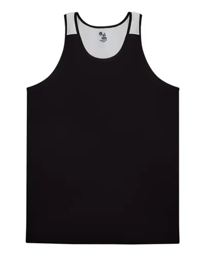 Alleson Athletic 2668 Youth Ventback Singlet in Black/ White — blank garment, front view