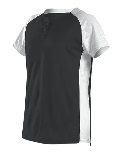 Alleson Athletic 522PDW Women's Two Button Fastpitch Jersey in Black/ White — blank t-shirt, front view