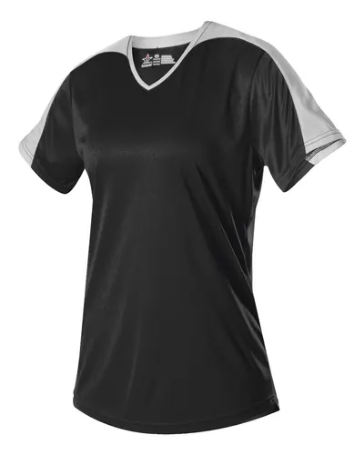 Alleson Athletic 558VW Women's V-Neck Fastpitch Jersey in Black/ White — blank t-shirt, front view