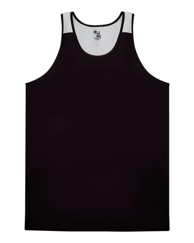 Alleson Athletic 8668 Men's Ventback Singlet Tank Top in Black/ White — blank tank top, front view