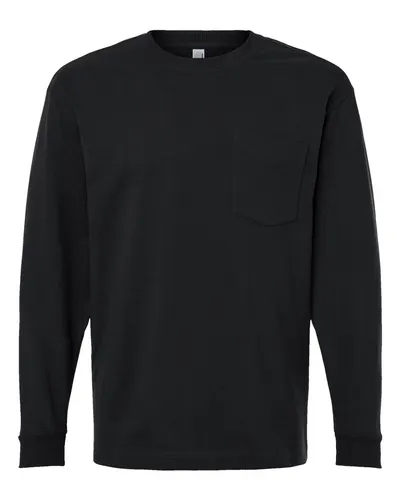 American Apparel 9410 Unisex Super Heavyweight Long Sleeve Pocket Tee in Black — blank long sleeve tee, front view