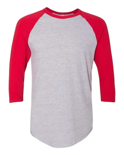 American Apparel BB453W Unisex 50/50 Raglan Three-Quarter Sleeve Tee in Heather Grey/ Red — blank t-shirt, front view