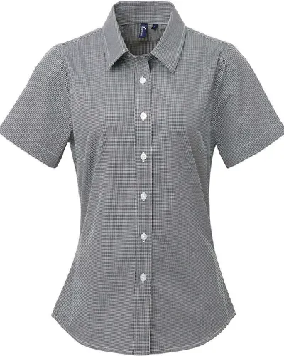 Artisan Collection by Reprime RP321 Women's Microcheck Gingham Short Sleeve Cotton Dress Shirt in Black/ White — blank woven shirt, front view