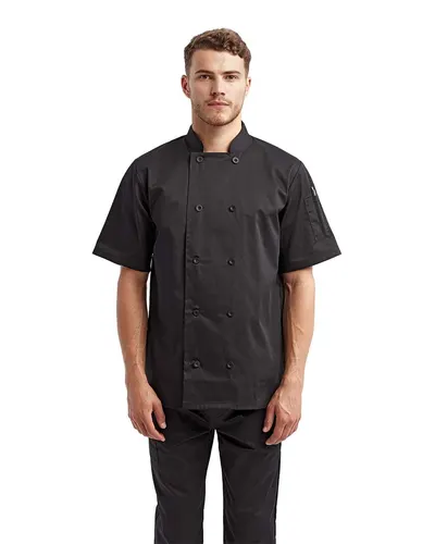 Artisan Collection by Reprime RP656 Unisex Short Sleeve Recycled Chef Coat in Black — blank jacket, front view