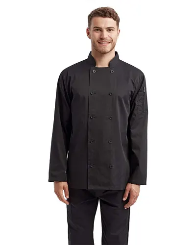 Artisan Collection by Reprime RP657 Unisex Recycled Chef Coat in Black — blank jacket, front view