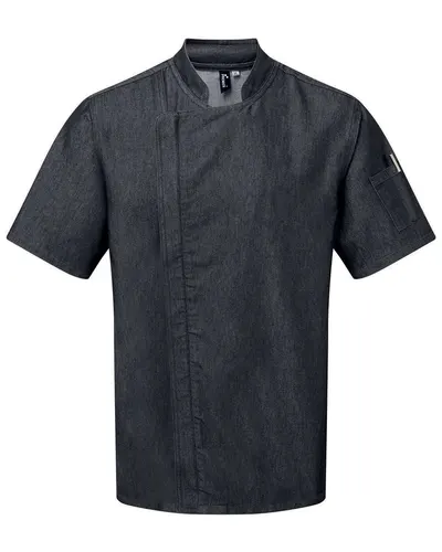 Artisan Collection by Reprime RP906 Unisex Zip-Close Short Sleeve Chef's Coat in Black Denim — blank jacket, front view