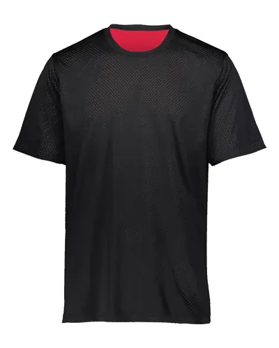 Augusta Sportswear 1602 Unisex Mesh Reversible Jersey in Black/ Scarlet — blank t-shirt, front view