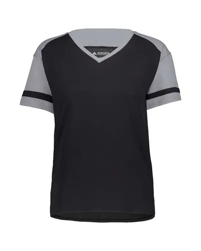 Augusta Sportswear 2914 Women's Triblend Fanatic 2.0 V-Neck T-Shirt in Black/ Grey Heather — blank t-shirt, front view