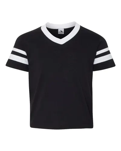 Augusta Sportswear 361 Youth V-Neck Jersey with Striped Sleeves in Black/ White — blank t-shirt, front view