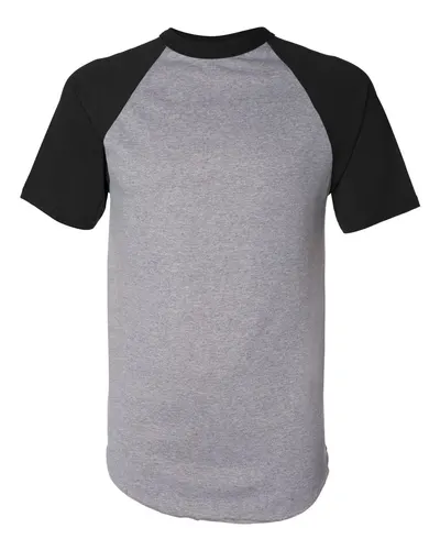 Augusta Sportswear 423 Unisex Raglan Baseball Jersey in Athletic Heather/ Black — blank t-shirt, front view
