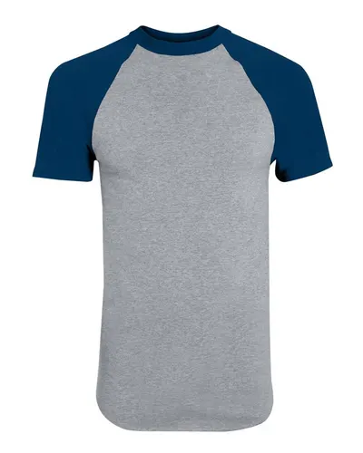 Augusta Sportswear 424 Youth Raglan Baseball Jersey in Athletic Heather/ Navy — blank t-shirt, front view