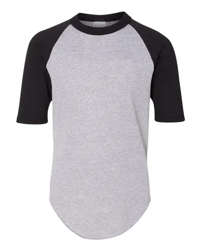 Augusta Sportswear 4421 Youth Three-Quarter Sleeve Baseball Jersey in Athletic Heather/ Black — blank t-shirt, front view