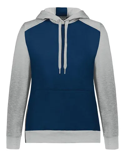 Augusta Sportswear 6867 Women's Eco Revive™ Three-Season Triblend Fleece Hooded Sweatshirt in Navy/ Grey Heather — blank hooded sweatshirt, front view