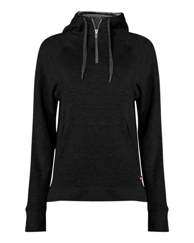 Badger 1051 Women's FitFlex French Terry Quarter-Zip Hooded Pullover in Black — blank hooded sweatshirt, front view