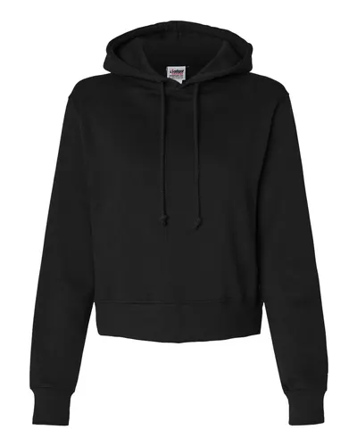 Badger 1261 Women's Crop Hooded Sweatshirt in Black — blank hooded sweatshirt, front view