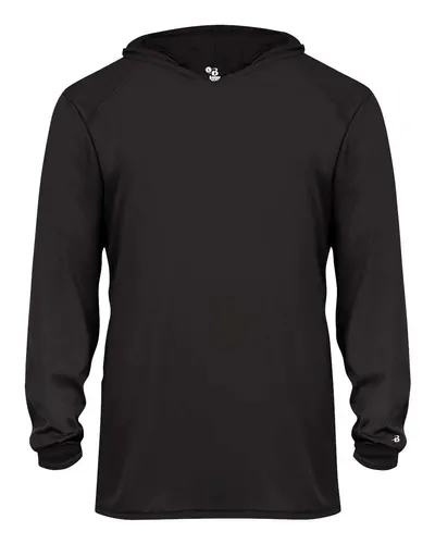 Badger 2105 Youth B-Core Long Sleeve Hooded T-Shirt in Black — blank hooded sweatshirt, front view
