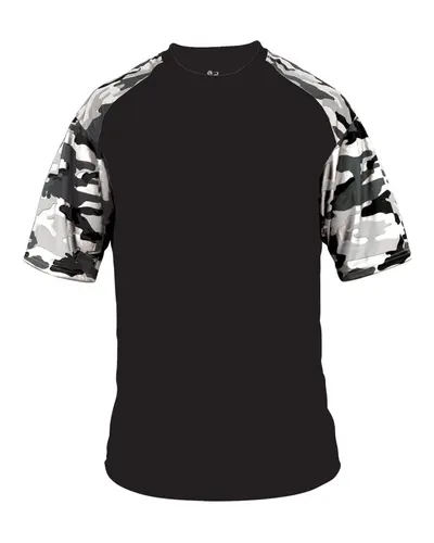 Badger 2141 Youth Camo Sport T-Shirt in Black/ White Camo — blank t-shirt, front view