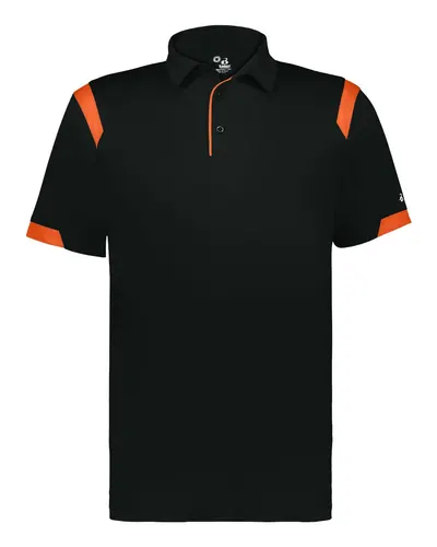 Badger 3350 Unisex On the Rise Polo in Black/ Burnt Orange — blank polo, front view