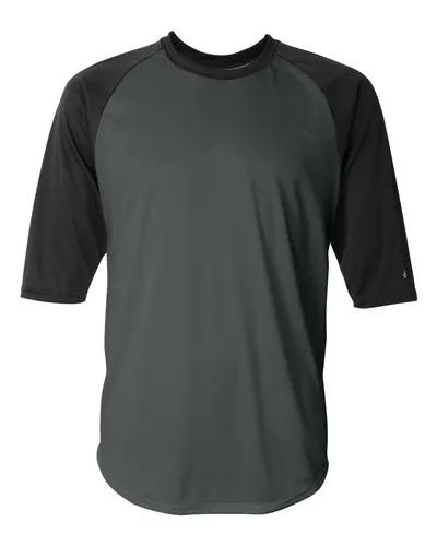 Badger 4133 Men's B-Core Three-Quarter Sleeve Baseball T-Shirt in Graphite/ Black — blank t-shirt, front view
