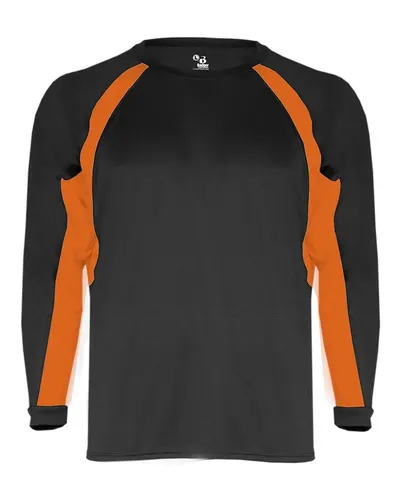 Badger 4154 Men's B-Core Hook Long Sleeve T-Shirt in Black/ Burnt Orange — blank long sleeve tee, front view
