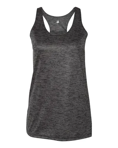 Badger 4161 Women's Tonal Blend Racerback Tank Top in Black Tonal Blend — blank tank top, front view