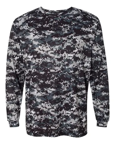 Badger 4184 Men's Digital Camo Long Sleeve T-Shirt in Black Digital — blank long sleeve tee, front view