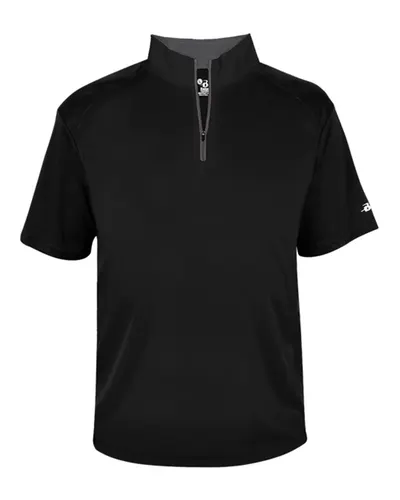 Badger 4199 Men's B-Core Short Sleeve Quarter-Zip in Black/ Graphite — blank garment, front view