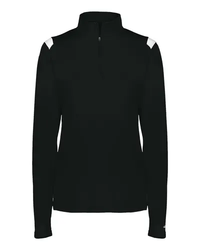 Badger 4266 Women's On The Rise Quarter-Zip Pullover in Black/ White — blank garment, front view