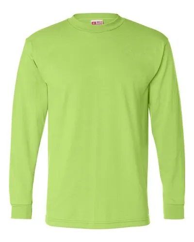 Bayside 1715 Men's USA-Made 50/50 Long Sleeve T-Shirt in Safety Green — blank long sleeve tee, front view