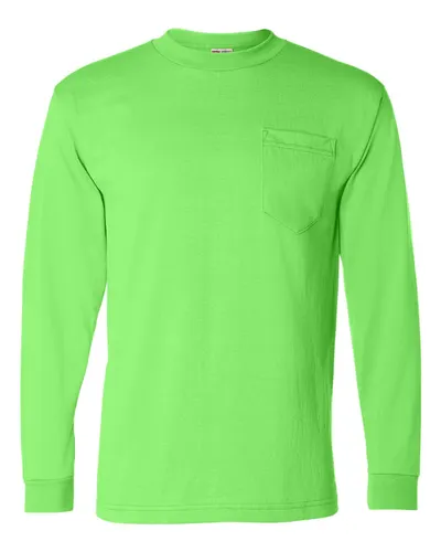 Bayside 1730 Unisex USA-Made 50/50 Long Sleeve Pocket T-Shirt in Safety Green — blank long sleeve tee, front view