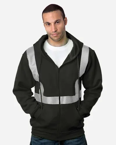 Bayside 3737 USA-Made Hi-Visibility Full-Zip Hooded Sweatshirt - Segmented Tape in Black — blank hooded sweatshirt, front view