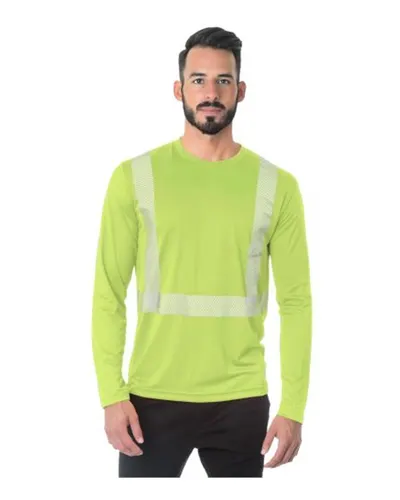 Bayside 3740 Unisex USA-Made Hi-Visibility Long Sleeve Performance T-Shirt - Segmented Tape in Lime Green — blank long sleeve tee, front view