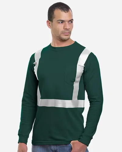 Bayside 3781 Unisex USA-Made High Visibility Long Sleeve Pocket T-Shirt in Forest Green — blank long sleeve tee, front view