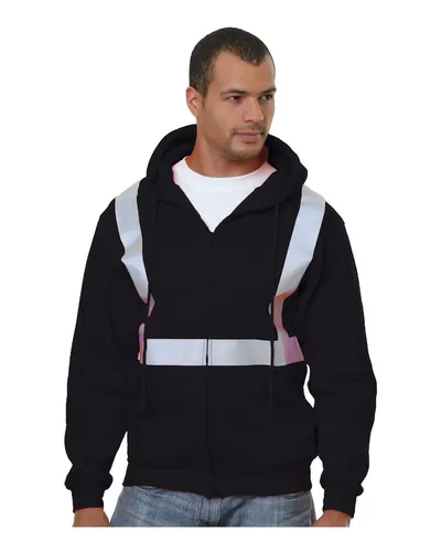 Bayside 3790 Men's USA-Made Hi-Visibility Full-Zip Hooded Sweatshirt in Black — blank hooded sweatshirt, front view