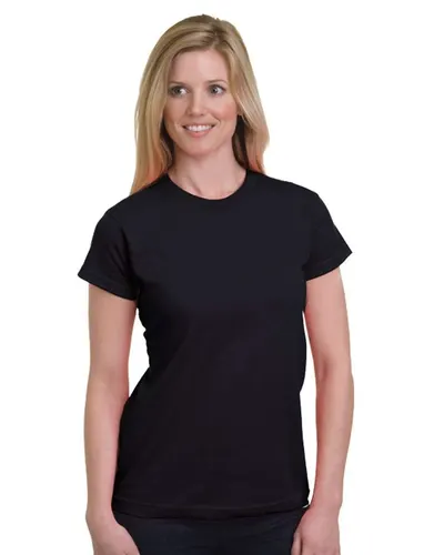 Bayside 5850 Women's USA-Made Fine Jersey T-Shirt in Black — blank t-shirt, front view