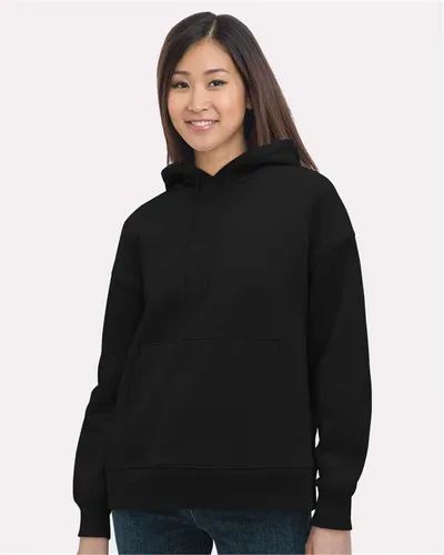 Bayside 7760 Women's USA-Made Hooded Sweatshirt in Black — blank hooded sweatshirt, front view